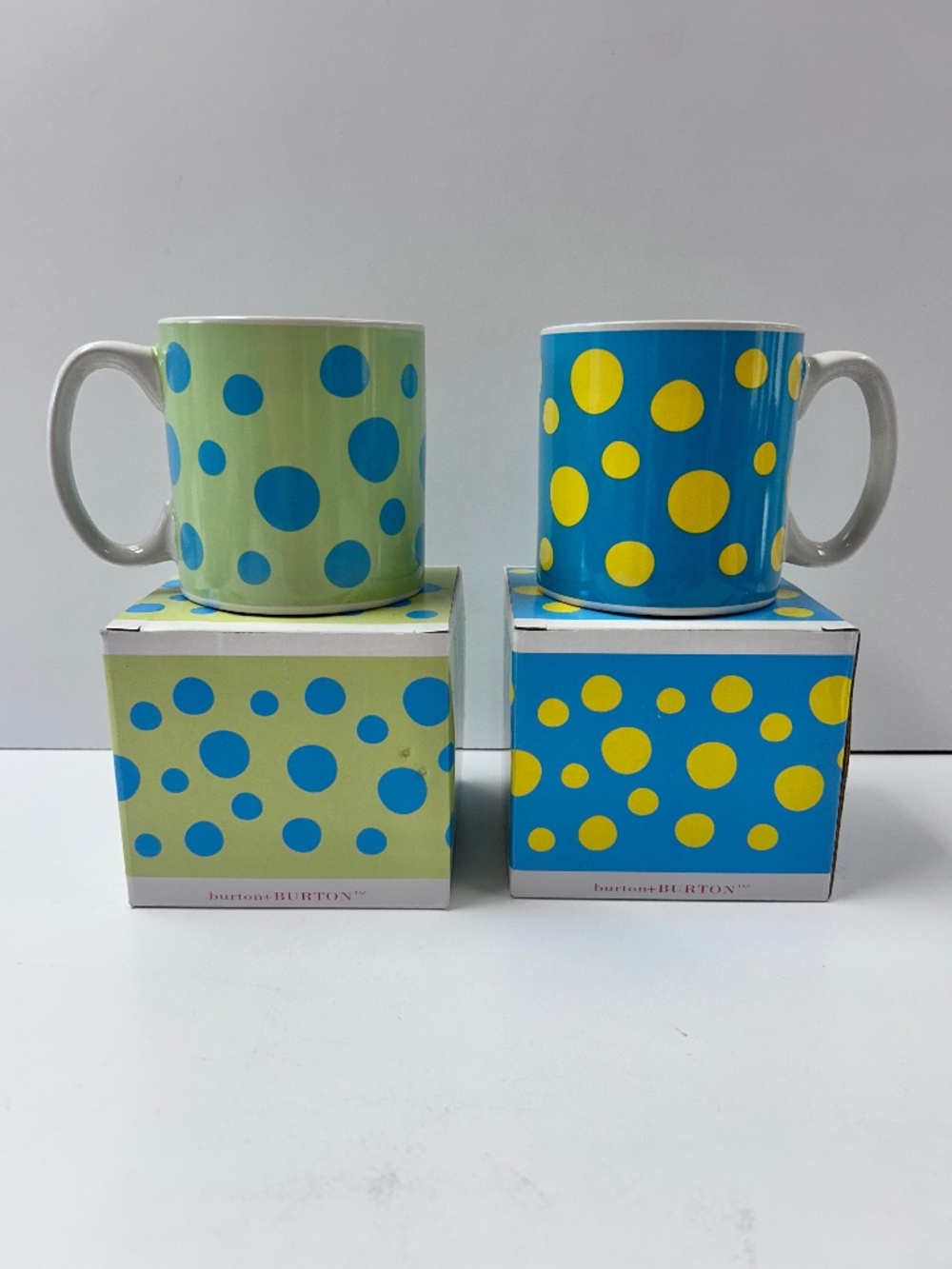 Lot of 2 NIB burton + Burton Blue Green Yellow Polka Dot Ceramic Coffee Cup Mug